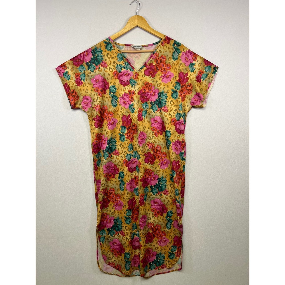 Vintage Boho Nite Images‎ Womens One Size Yellow Floral Leopard Silky Nightgown